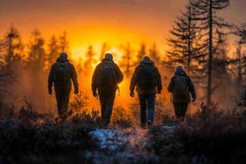 A group of hikers walking towards the sunset in a winter forest