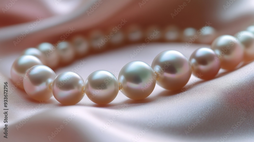 Poster Macro shot of a pearl bracelet resting on a silk fabric, focusing on the soft shimmer and perfect roundness of the pearls.
