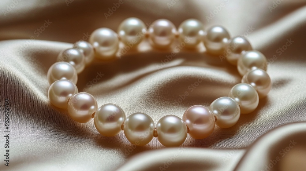Poster Macro shot of a pearl bracelet resting on a silk fabric, focusing on the soft shimmer and perfect roundness of the pearls.