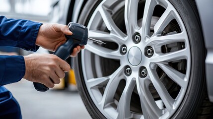 A mechanic works diligently with an impact screwdriver on a silver aluminum wheel, ensuring proper maintenance in a garage workshop