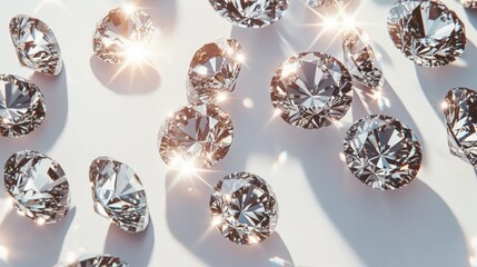 Multiple diamonds of various sizes scattered elegantly on a white background, with each gem catching and reflecting light in a dazzling display.