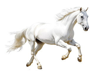 Beautiful white horse galloping isolated on white background