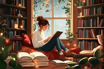 A girl sitting in a cozy library nook, doing her homework with a stack of books nearby 