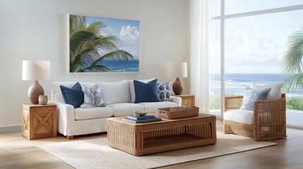 Tropical living room with rattan furniture, palm leaf prints, and a breezy, relaxed feel