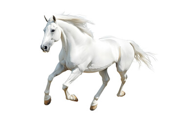 Beautiful white horse galloping isolated on white background