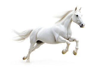 Beautiful white horse galloping isolated on white background