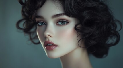 Fototapeta premium Portrait of a woman with an elegant hairstyle and makeup, showcasing her flawless complexion and well-defined facial features in a detailed close-up.