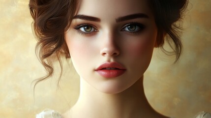 Fototapeta premium Portrait of a woman with an elegant hairstyle and makeup, showcasing her flawless complexion and well-defined facial features in a detailed close-up.