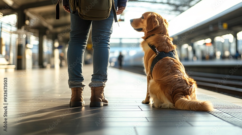 Poster a visually impaired person and their guide dog navigating a train station emphasizing the dogs role 