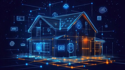 Naklejka premium Smart house encompassed by glowing information connections and digital components shown in detailed structure
