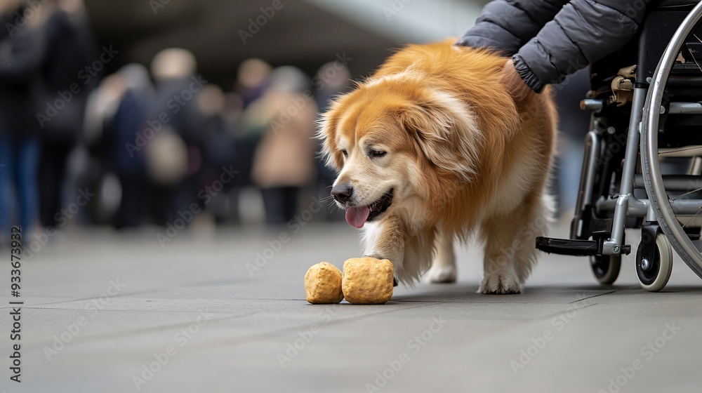 Aufkleber A service dog picking up a dropped item for a person in a wheelchair in a busy public area highlighting the practical support the dog offers in various environments Stock Photo with copy space