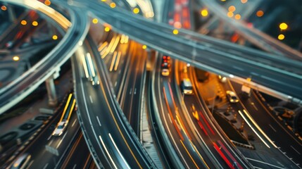 A detailed view of a busy highway interchange with multiple lanes and exit ramps, demonstrating complex road infrastructure.