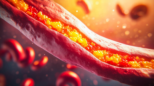 Hyperlipidemia, atherosclerotic plaque. High cholesterol in blood vessel