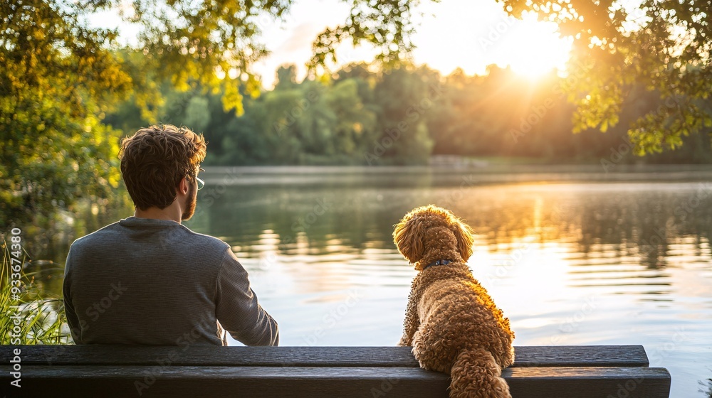 Poster a person with a disability and their dog taking a break on a park bench enjoying a moment of relaxat