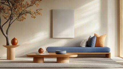 Zen-inspired living room with minimalist decor, natural materials, and a calming color palette