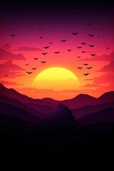 Fototapeta premium A stunning sunset over mountains, featuring vibrant colors and flying birds, capturing the beauty of nature and tranquility.
