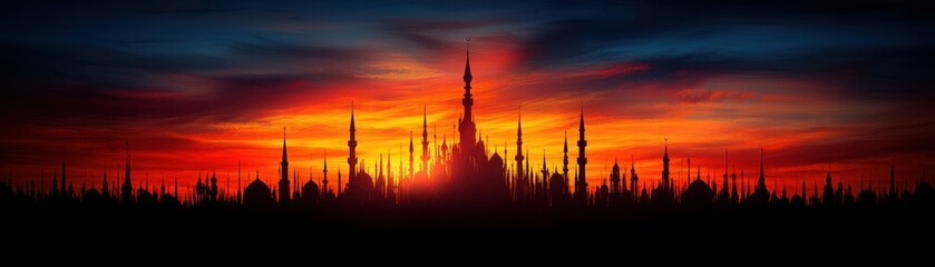 Naklejka premium A stunning sunset silhouette of a grand castle surrounded by mystical towers, set against a vibrant orange and blue sky.