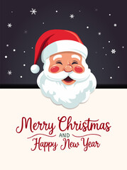 Christmas frame, poster with Santa Claus and lettering. New year Merry Christmas design. Winter card with Santa.