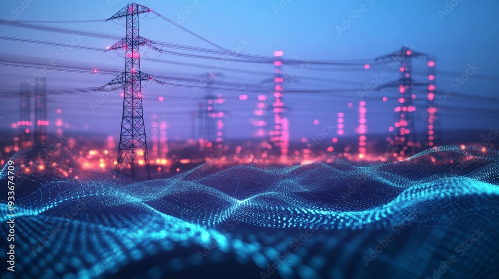 Poster Visualization of electric waves coursing through a futuristic power grid, illustrating the concept of smart cities and renewable energy systems.