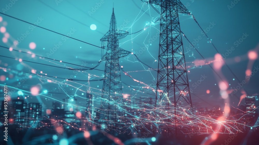 Poster visualization of electric waves coursing through a futuristic power grid, illustrating the concept o