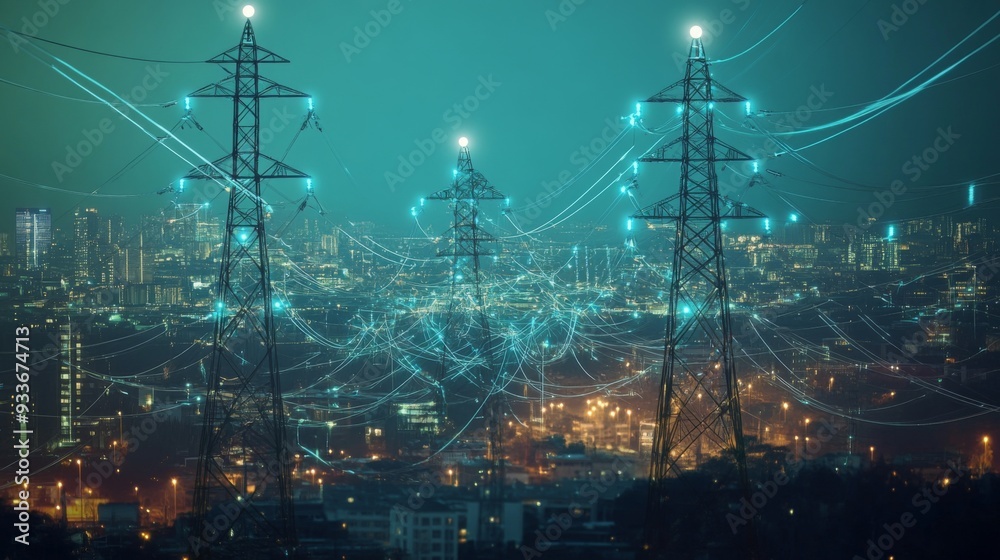 Poster visualization of electric waves coursing through a futuristic power grid, illustrating the concept o