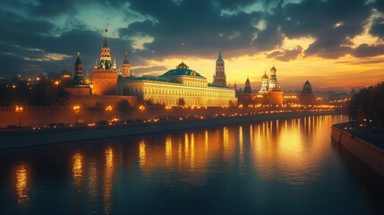 Obraz premium 39. The Kremlin in Moscow, Russia, lit with emerald and gold patterns at dusk. The historic complex reflects in nearby water pools. Cinematic, fantasy style