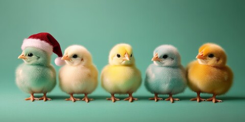 Fototapeta premium Little colorful chicks stand together, one wearing a Santa Claus hat.