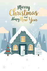Christmas card with cute house. Gold lettering. Vector illustration for New year invitation, postcard and banner