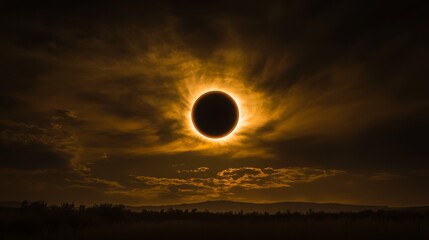 Wide-angle view of the solar eclipse with a landscape silhouette, capturing the dramatic contrast between the darkened sky and the illuminated eclipse.