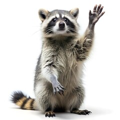 Fototapeta premium raccoon stands on its hind legs and waves on a white background