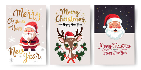 Christmas cards with reindeer, santa claus. Golden lettering. Childish holiday greeting card set. New year invitation, banner