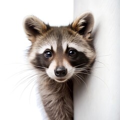 Obraz premium raccoon peeks out from around the corner on a white background