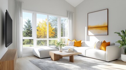 Bright and airy living room with large windows, light furniture, and a cheerful color scheme