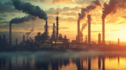 A dramatic industrial landscape featuring smokestacks and a glowing sunset reflecting off a river, symbolizing energy production.