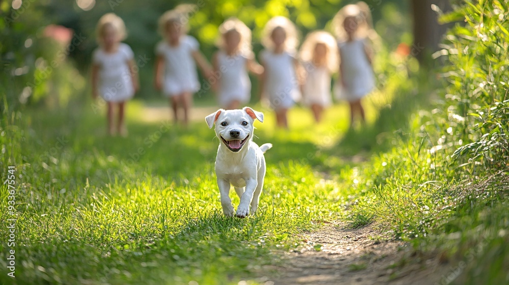 Poster a group of children playing in a park with a dog interacting happily showing how pets facilitate soc