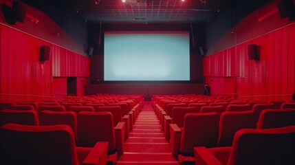 Fototapeta premium Empty Modern Cinema Hall with Red Seats and Large Screen Ready for Movie Screening