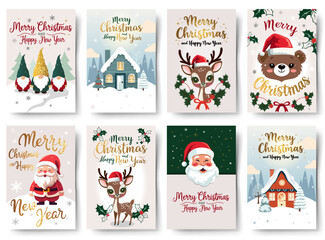 Big set of Christmas cards with winter characters. Golden lettering, scandinavian houses. Childish greeting card collection.