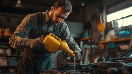 A male mechanic pouring engine oil into a car engine, with a focused expression, detailed tools, and realistic lighting, 