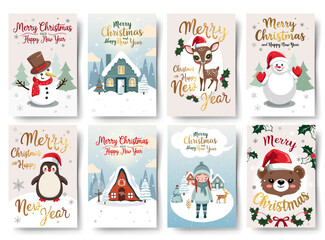 Set of Christmas cards with cute winter characters, scandinavian houses. Golden lettering. Greeting card collection. New year banner