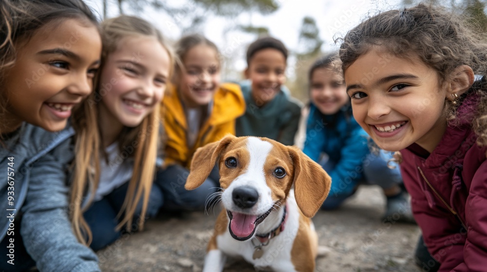 Poster A group of children playing in a park with a dog interacting happily showing how pets facilitate social interactions and help develop communication skills. Stock Photo with copy space