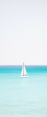 Fototapeta premium A serene and minimalistic illustration of a lone sailboat on a calm, turquoise sea, with a clear white sky in the background. The image conveys peace, solitude, and the beauty of nature.Concept: Ser