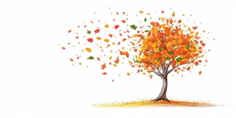 banner illustration of a painted colorful autumn tree with flying leaves on a white plain background with space for text