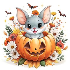 
cute bat in pumpkin against autumn foliage, halloween background