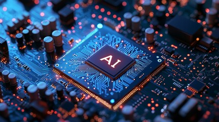 Fototapeta premium AI Chip on Blue Circuit Board with Orange Lights