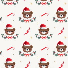 Winter seamless pattern with cute teddy bear in a hat. Xmas patterns. Christmas backgrounds. New year decorations.