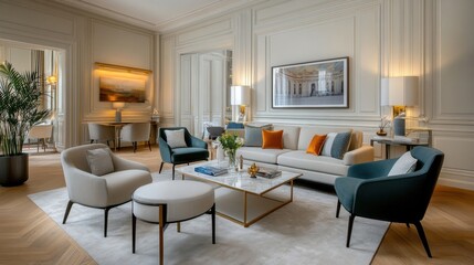 Classic French-style living room with elegant furniture, gold accents, and a sophisticated atmosphere