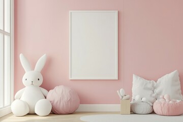Wall art empty picture frame mockup on wooden desk, wall, table. Vase with olive branches, cactus. Elegant working space, home office concept.