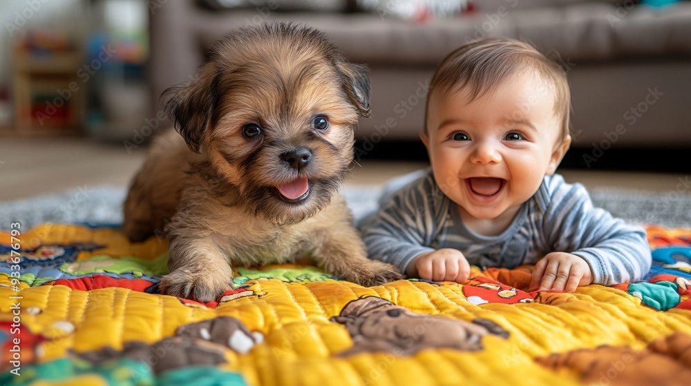 Poster a baby giggling as they play with a soft, fluffy puppy on a colorful play mat capturing the early em