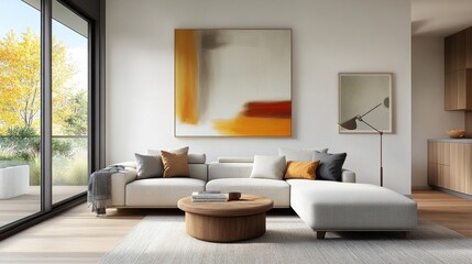Contemporary living room with sleek furniture, large abstract art pieces, and a neutral color palette