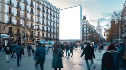 Blank advertising billboard mockup in a busy madrid city square with blurred pedestrians and historical architecture 